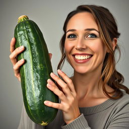 A detailed image of a woman holding a large, sinewy cucumber