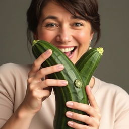 A detailed image of a woman holding a large, sinewy cucumber