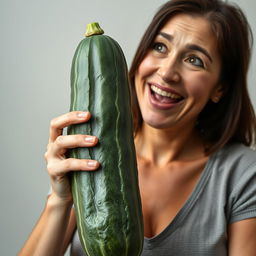 A detailed image of a woman holding a large, sinewy cucumber