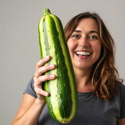 A detailed image of a woman holding a large, sinewy cucumber