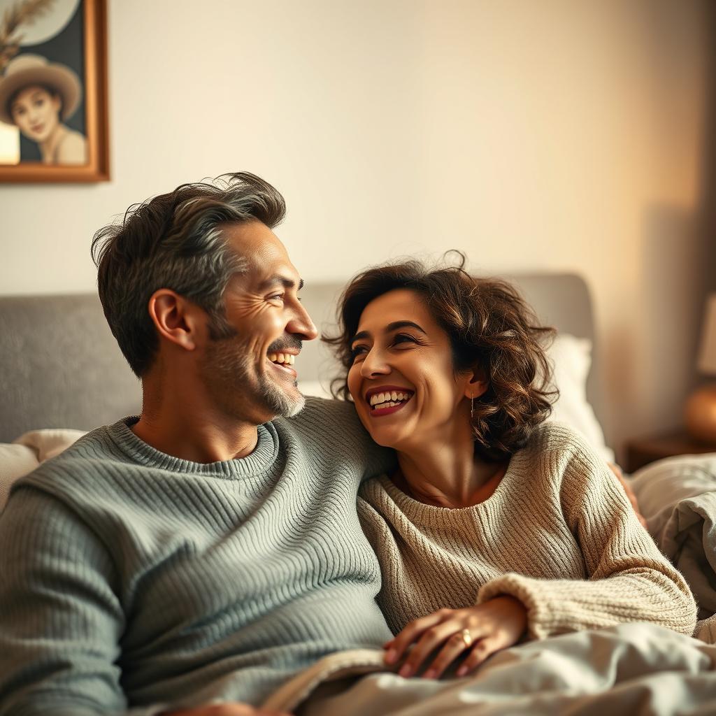 A detailed image of a happy couple in a bedroom