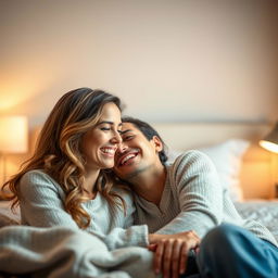 A detailed image of a happy couple in a bedroom