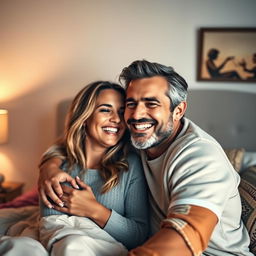 A detailed image of a happy couple in a bedroom