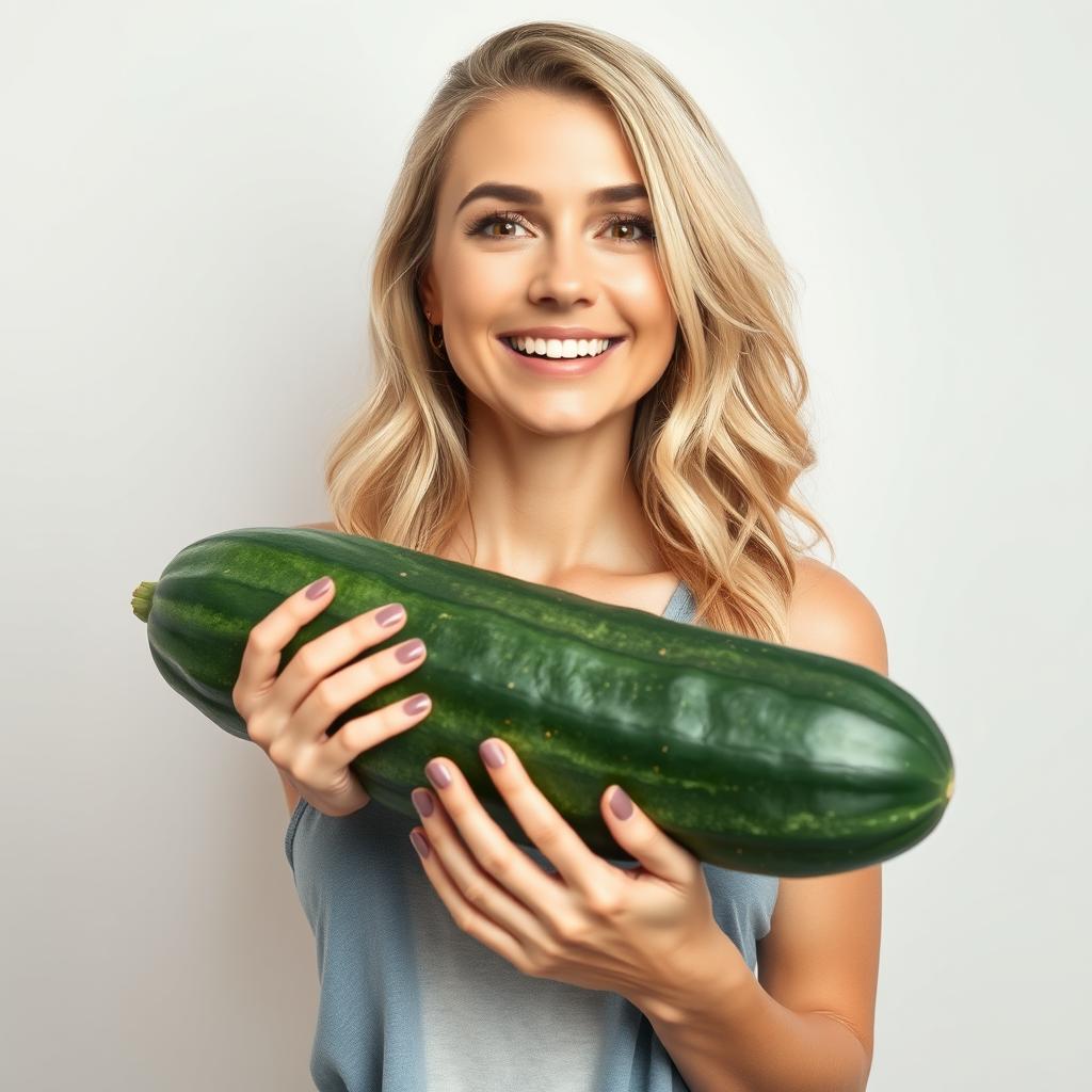 A detailed image of a beautiful blonde woman standing and holding a large, sinewy cucumber