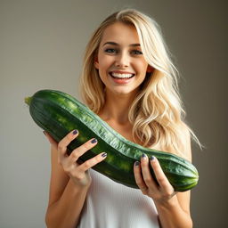 A detailed image of a beautiful blonde woman standing and holding a large, sinewy cucumber