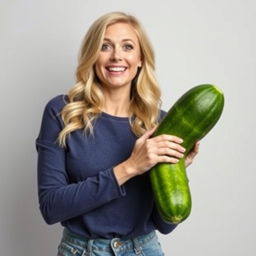 A detailed image of a beautiful blonde woman standing and holding a large, sinewy cucumber