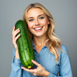 A detailed image of a beautiful blonde woman standing and holding a large, sinewy cucumber