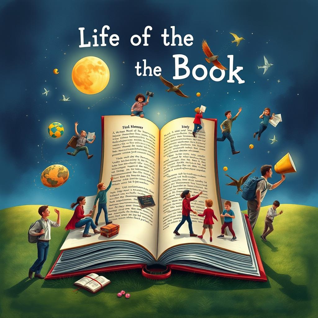 An imaginative depiction of the life of a book, showing its journey from creation to being read by various people