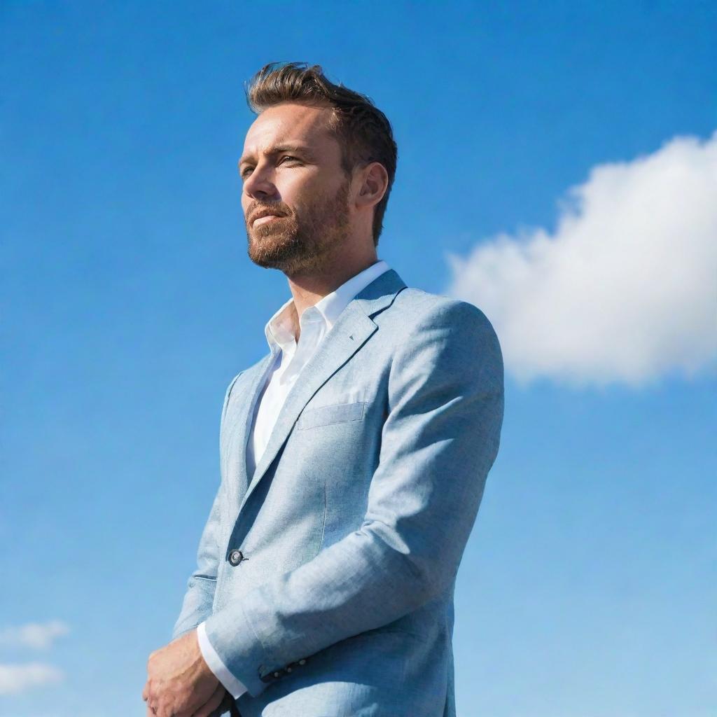 A portrait of a stylish, confident man standing with a bright, blue sky in the background.