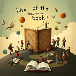 An imaginative depiction of the life of a book, showing its journey from creation to being read by various people