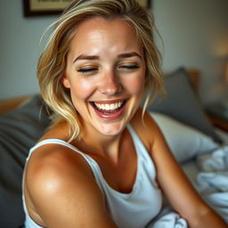 A detailed image of a beautiful blonde woman sitting on a bed