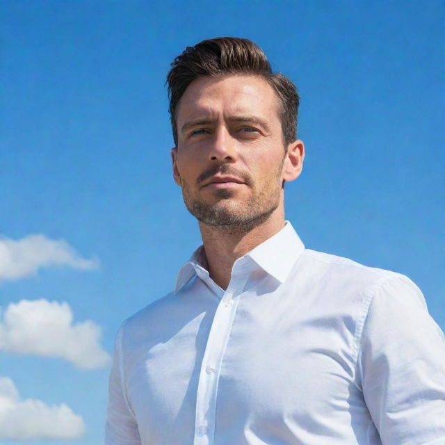 A portrait of a stylish, confident man standing with a bright, blue sky in the background.