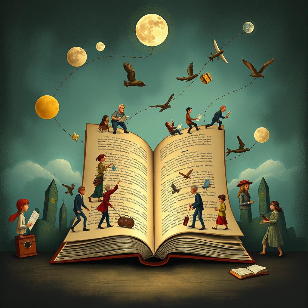 An imaginative depiction of the life of a book, showing its journey from creation to being read by various people