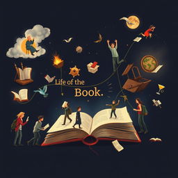 An imaginative depiction of the life of a book, showing its journey from creation to being read by various people