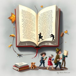 An imaginative depiction of the life of a book, showing its journey from creation to being read by various people