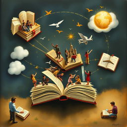 An imaginative depiction of the life of a book, showing its journey from creation to being read by various people