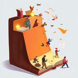 An imaginative depiction of the life of a book, showing its journey from creation to being read by various people