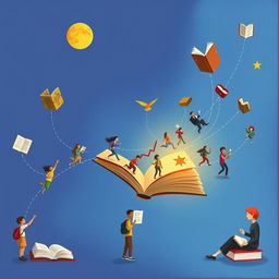 An imaginative depiction of the life of a book, showing its journey from creation to being read by various people