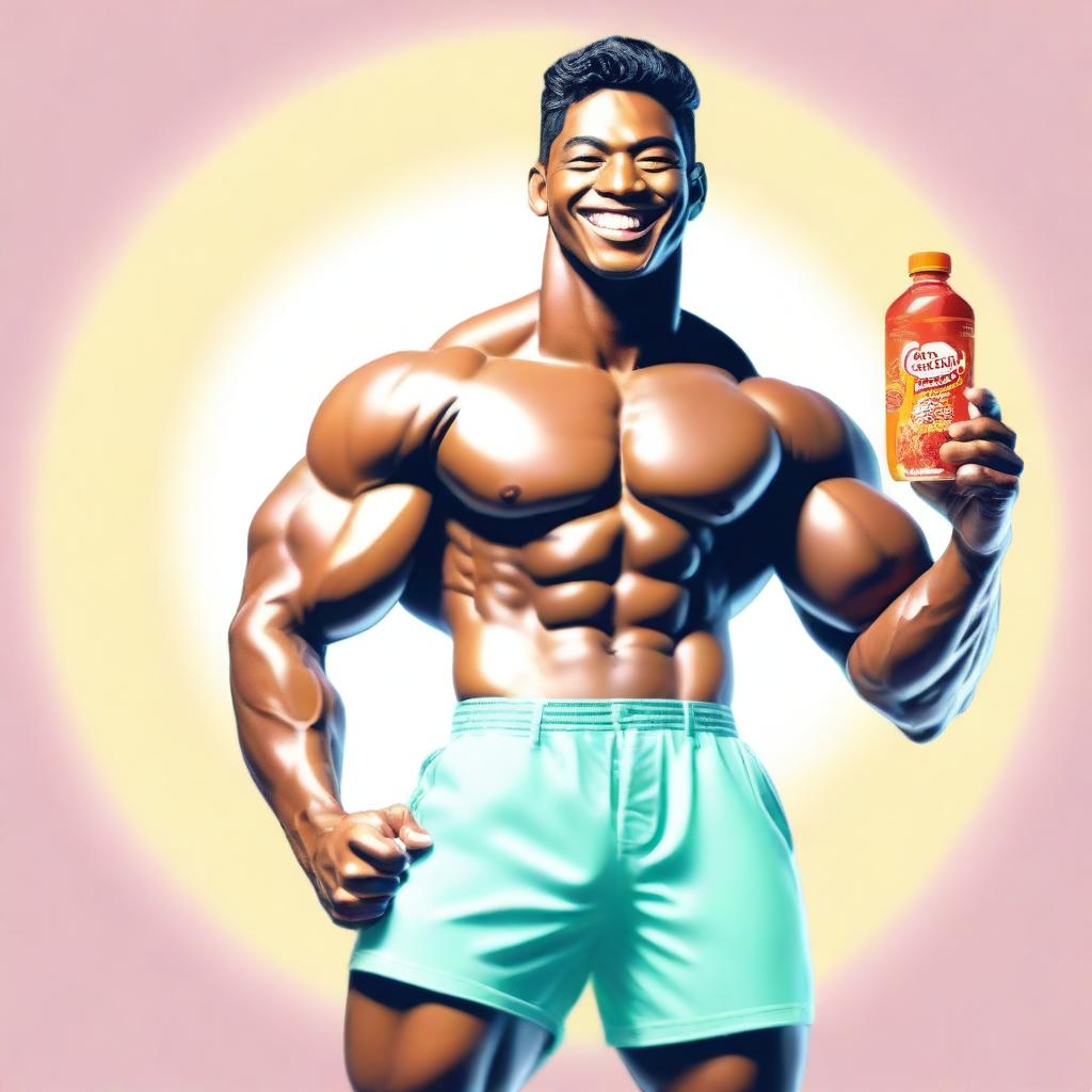 A detailed image of a strong man with well-defined abs holding a candy bottle