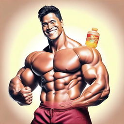 A detailed image of a strong man with well-defined abs holding a candy bottle