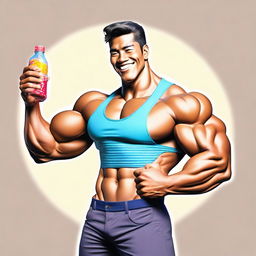 A detailed image of a strong man with well-defined abs holding a candy bottle