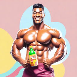 A detailed image of a strong man with well-defined abs holding a candy bottle