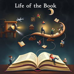 An imaginative depiction of the life of a book, showing its journey from creation in a printing press to being read by various people in different settings