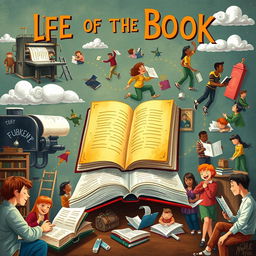 An imaginative depiction of the life of a book, showing its journey from creation in a printing press to being read by various people in different settings