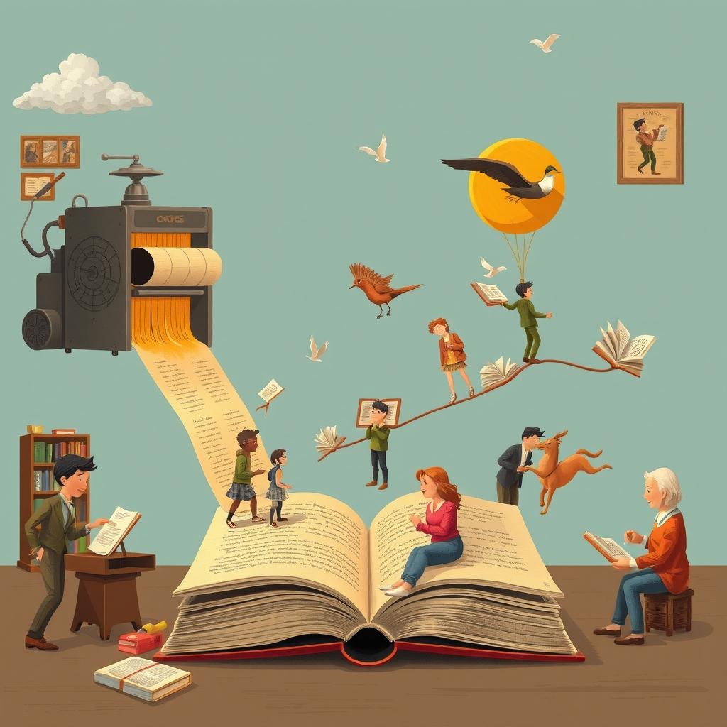 An imaginative depiction of the life of a book, showing its journey from creation in a printing press to being read by various people in different settings