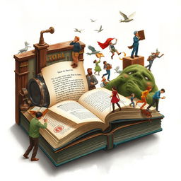 An imaginative depiction of the life of a book, showing its journey from creation in a printing press to being read by various people in different settings