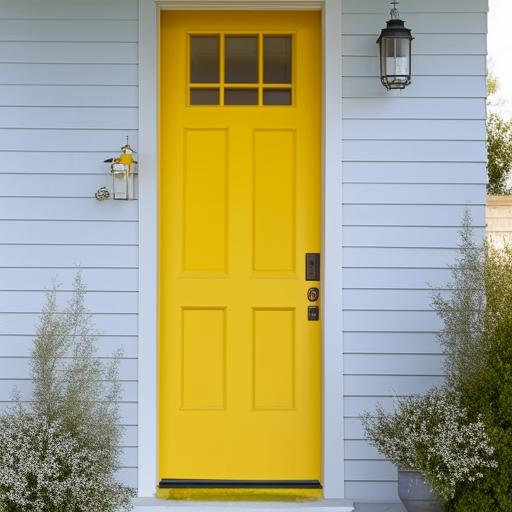 Generate an image of a stylish house painted in a combination of cool pastel shades of blue and grey, with white trims. The front door should be a bold, bright yellow for contrast.