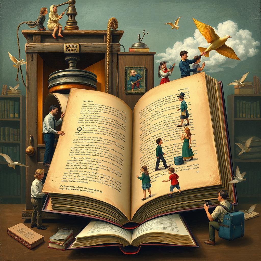 An imaginative depiction of the life of a book, showing its journey from creation in a printing press to being read by various people in different settings