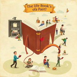 An imaginative depiction of the life of a book, showing its journey from creation in a printing press to being read by various people in different settings