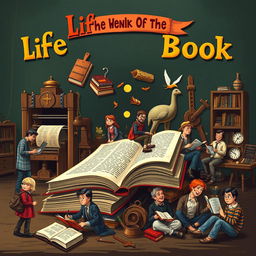 An imaginative depiction of the life of a book, showing its journey from creation in a printing press to being read by various people in different settings