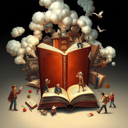 An imaginative depiction of the life of a book, showing its journey from creation in a printing press to being read by various people in different settings