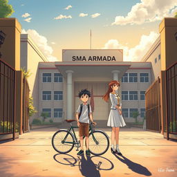 Create an anime-style cover featuring two main characters, Hizo and Feena, set against the backdrop of SMA Armada in Surabaya