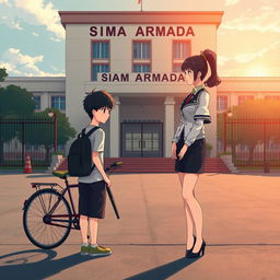 Create an anime-style cover featuring two main characters, Hizo and Feena, set against the backdrop of SMA Armada in Surabaya