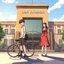 Create an anime-style cover featuring two main characters, Hizo and Feena, set against the backdrop of SMA Armada in Surabaya