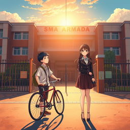 Create an anime-style cover featuring two main characters, Hizo and Feena, set against the backdrop of SMA Armada in Surabaya