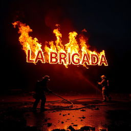 A dramatic scene featuring the text 'LA BRIGADA' written in flames