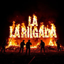 A dramatic scene featuring the text 'LA BRIGADA' written in flames