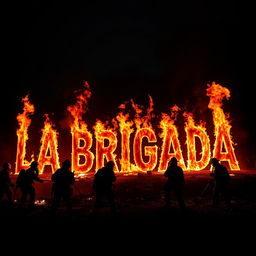 A dramatic scene featuring the text 'LA BRIGADA' written in flames