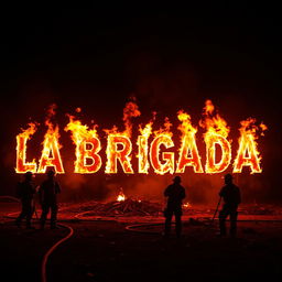 A dramatic scene featuring the text 'LA BRIGADA' written in flames