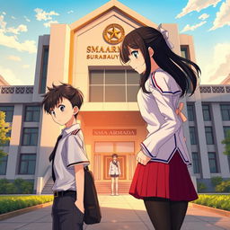 Create an anime-style cover featuring two main characters, Hizo and Feena, set against the backdrop of SMA Armada in Surabaya