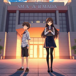 Create an anime-style cover featuring two main characters, Hizo and Feena, set against the backdrop of SMA Armada in Surabaya