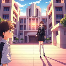 Create an anime-style cover featuring two main characters, Hizo and Feena, set against the backdrop of SMA Armada in Surabaya