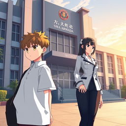 Create an anime-style cover featuring two main characters, Hizo and Feena, set against the backdrop of SMA Armada in Surabaya