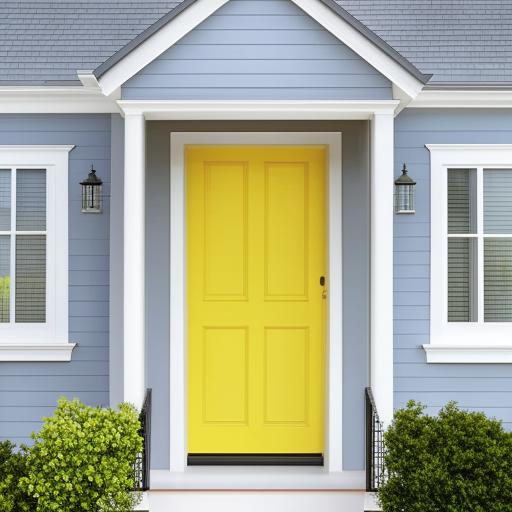 Generate an image of a stylish house painted in a combination of cool pastel shades of blue and grey, with white trims. The front door should be a bold, bright yellow for contrast.