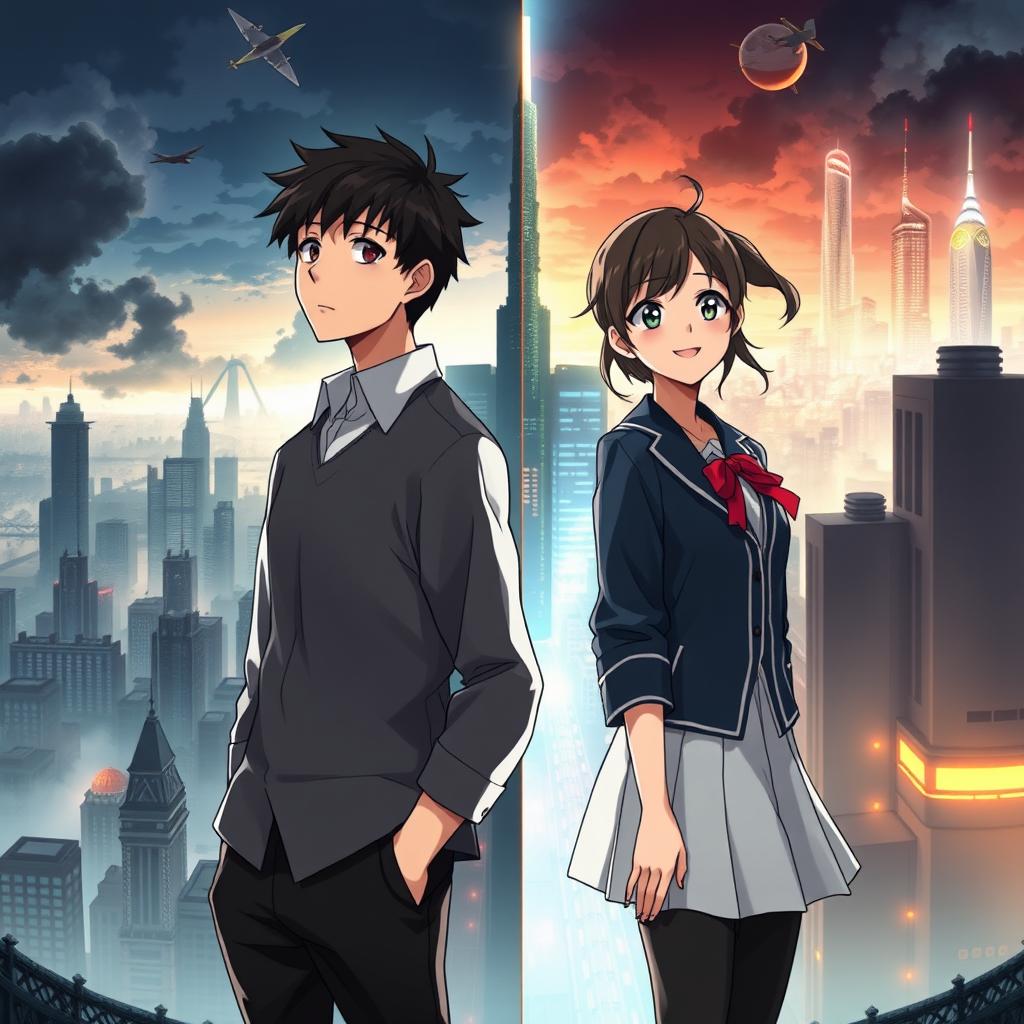 Create an anime-style cover showing a highschool man and woman standing on opposite sides of a city with huge contrast colors (dark on the man and bright on the woman), symbolizing a social divide