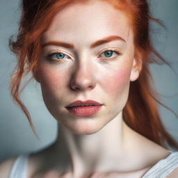 A detailed image of a young woman with red hair showing an intense facial expression